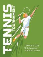 Poster of a tennis player. Athlete on the background of large text and splashes. Green flyer design. Vector flat illustration