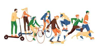 eco transport using. Bycicles, electro skooter, skateboarders. Flat vector moving characters