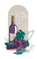 Retro poster with a bottle of red wine and a bunch of grapes on the background of a winery landscape. flat vector illustration