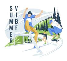 Three skateboarders do tricks on a country highway. Hilly landscape with fir trees in the background. Summer mood. Flat vector illustration