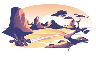 puesta de sol Roca y arena Desierto paisaje. rural panorama. vector plano ilustración