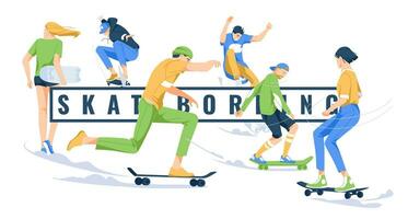 six skateboarders perform tricks on the background of the text. Characters isolated on white background, flat vector illustration