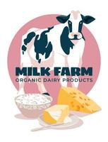 negro y blanco vaca en pie en lácteos. queso, granja queso, manteca. publicidad póster de un lechería granja, zhivoder. vector plano ilustración