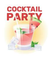 Watermelon cocktail with mint and ice cubes on a glass. White background. Beach, summer party or event, vacation and recreation concept. Vector illustration