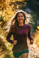 un hermosa mujer correr, ai generado foto