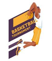 A player of the basketball team drives up to throw the ball into the basket. The nature of the sports game. Isolated on white background. Vector flat illustration