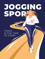 Jogging for the plus size woman with the road behind. Abstract design. Sports and health promotion. Vector flat illustration.