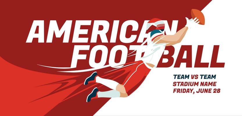 red poster of an American football player. Printed advertising of sports games. Abstract design concept. Vector flat illustration