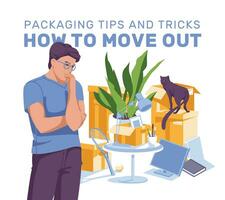 A young man is thinking about moving home on apartment belongings against the background of paper boxes. plant, books, monitor, lamp, cat. Vector flat illustration