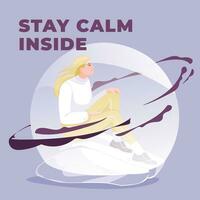 a young woman sits under a transparent sphere. Metaphor of psychological calm therapy. Vector flat illustration