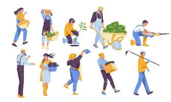 conjunto de diferente jardineros aislado en blanco antecedentes. hombres y mujer diferente caracteres con agrícola herramientas. vector plano ilustración