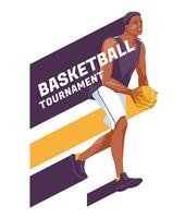 A player of the basketball team drives up to throw the ball into the basket. The nature of the sports game. Isolated on white background. Vector flat illustration