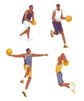 Set of different players of the basketball team jump with balls. Flat vector illustration.