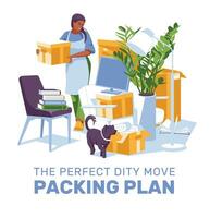 Young smiling woman packing things for moving home. Dog, monitor, plant, lamp, chair, books, sofa. Vector flat illustration