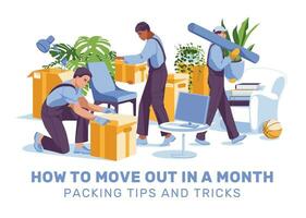 moving household items, moving and storing apartment items. Professional men's moving team. Paper boxes, furniture, plants, monitor, books. Vector flat illustration