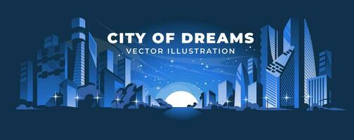 Horizontal panorama of night city with different architecture and skyscrapers. Atmospheric evening scene. Moon and stars in the sky. Vector flat illustration