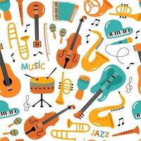 sin costura modelo con musical instrumentos en dibujos animados estilo. vector ilustración