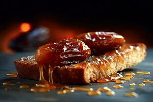 Saudi Arab Dates toast, macro shot of a fresh breakfast with Dripping Honey, AI Generated photo