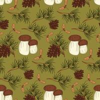 Flat hand drawn pattern with boletus, pine tree and cones. Vector cartoon autumn plants on dark green background. Autumn botany design for textile, decoration, wrapping paper, banner, social media