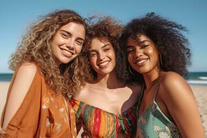 Tres joven mujer tomando selfie en el playa ai generado foto