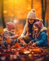 family photo. mother and child playing in the autumn park AI generated photo