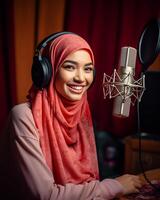 asian muslim women in podcast studio AI generated photo