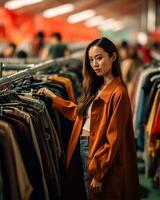 joven mujer a ahorro mercado ai generado foto