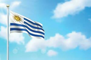 Waving flag of Uruguay on sky background. Template for independence vector