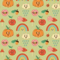 Autumn retro groovy seamless pattern. Hippie mushroom, pumpkin, apple, cloud, rainbow, lips and leaves on pastel background vector