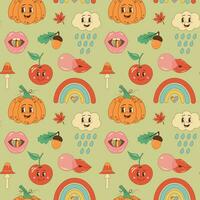 Autumn retro groovy seamless pattern. Hippie mushroom, pumpkin, apple, cloud, rainbow, lips and leaves on pastel background vector
