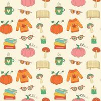 Autumn retro groovy seamless pattern. Hippie mushrooms, pumpkin,  books, tea mug, sweater, sunglasses and candle on pastel background vector