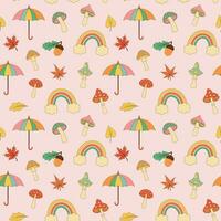 Autumn retro groovy seamless pattern. Hippie mushrooms, fall leaves, acorn, umbrella and rainbow on pastel background vector
