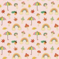 Autumn retro groovy seamless pattern. Hippie mushrooms, fall leaves, acorn, umbrella and rainbow on pastel background vector