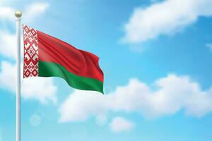 Waving flag of Belarus on sky background. Template for independence vector