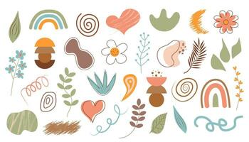 Abstract boho shapes, natural textures, lines, floral forms and doodle plants. Hand draw abstract design elements in pastel color. Art form for social media stories. vector