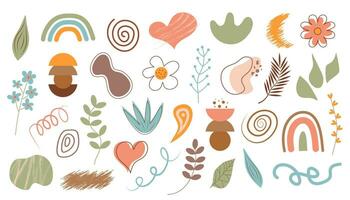 Abstract boho shapes, natural textures, lines, floral forms and doodle plants. Hand draw abstract design elements in pastel color. Art form for social media stories. vector