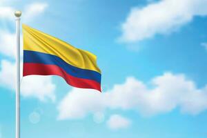 Waving flag of Colombia on sky background. Template for independence vector