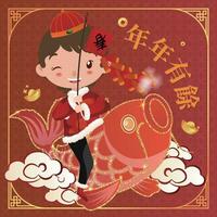 Illustration of characters on koi fish to wish Happy New Year with Chinese characters for Prosperity every year vector