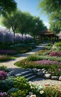 Beautiful garden park environment by green foliage of trees and flowers thrive. AI Generative photo