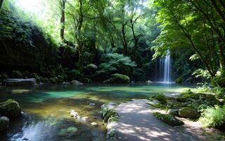 Serene river village environment by green grass foliage of trees. photo