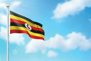 Waving flag of Uganda on sky background. Template for independence vector