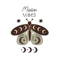 Moon vibes. Retro illustration with butterfly vector