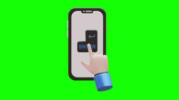 mano click accedere pulsante 3d animazione su smartphone con verde schermo sfondo video