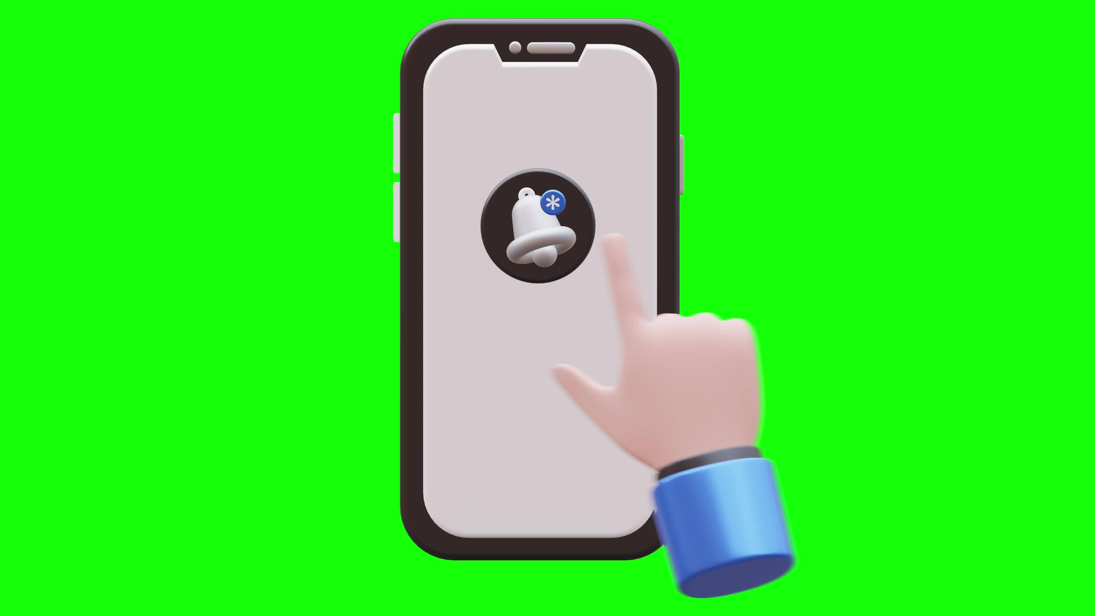3D animation Hand Gesture Tap Notification Button on Smartphone with Green Screen background