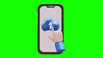 Hand Clicks Upload Button 3D Animation on Smartphone with Green Screen Background video