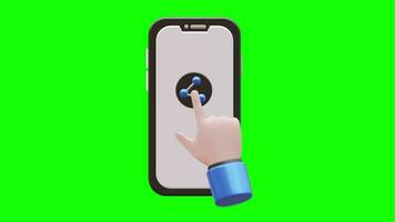 mano click Condividere pulsante 3d animazione su smartphone con verde schermo sfondo video