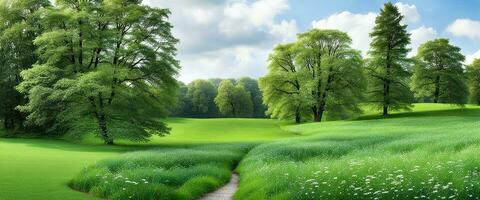 Landscape concept background beautiful spring summer green meadows created with ai generative photo