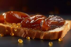 Saudi Arab Dates toast, macro shot of a fresh breakfast with Dripping Honey, AI Generated photo