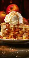 Stack of pancakes with peaches and vanilla ice cream on top, AI Generated photo