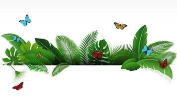 Sign with Text Space of Tropical Leaves and Butterflies. Suitable For Nature Concept, Vacation, and Summer Holiday, Vector Illustration